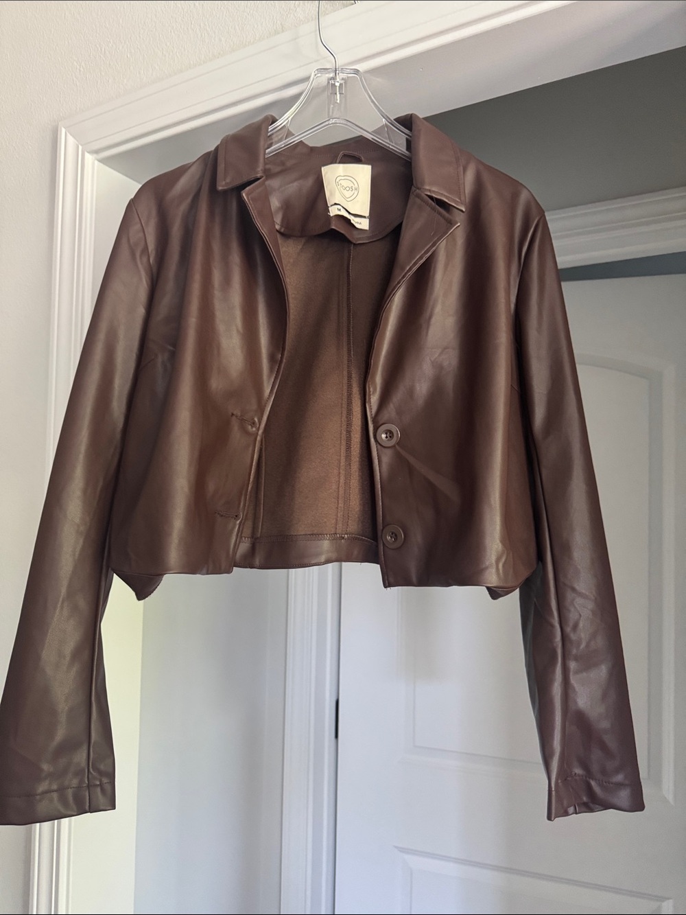 Cropped Brown Faux Leather Jacket - Women's